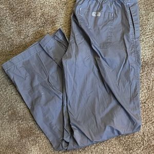 Gray scrub pants with purple draw strings